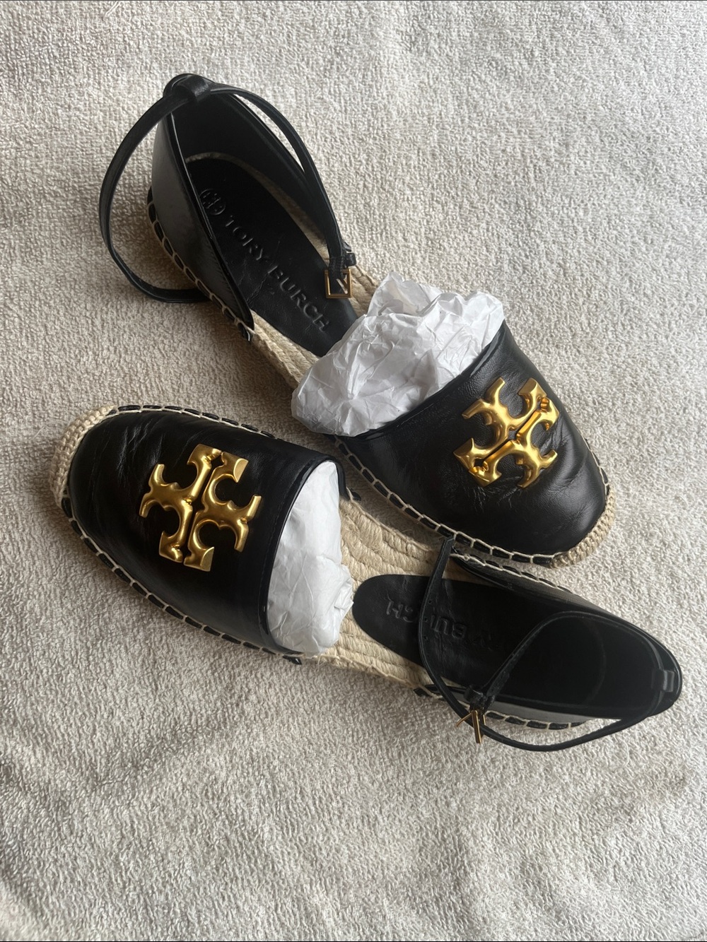Tory Burch Black Leather Espadrilles with Gold Logo Medallion - Picture 4 of 5